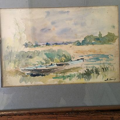 ALBERT LEBOURG (1849-1928) 
Paysage avec barques.
Aquarelle, signée en bas à droite....