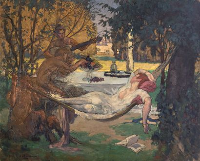 CHARLES AUGUSTE EDELMANN (1879-1950) 
Femme dans un hamac entourée de faunes musiciens.
...