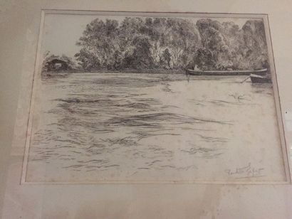 PAULETTE EXPERT (1912-2001) 
Péniche sur un fleuve.
 Gravure, signée en bas à droite...