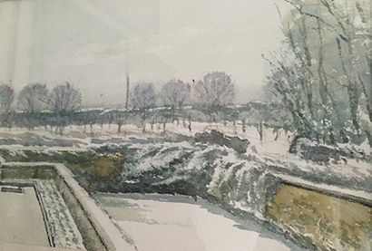RAYMOND SUBES (1891-1970) 
Le parc du château de Saint-Lyé sous la neige.
Aquarelle,...