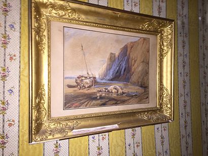 null Réunion de deux aquarelles: • Eugène CLARY (1856-1929).
Navire échoué dans une...
