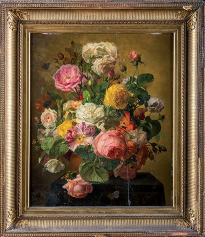 Agathe PILON (?-1847) 
Bouquet de fleurs sur une table garnie d'un tapis de velours.
...