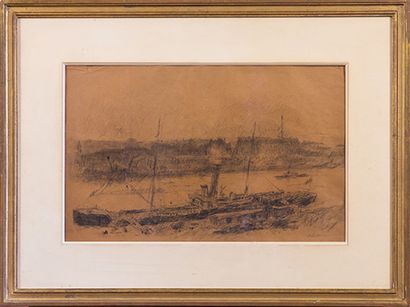 ALBERT LEBOURG (1849-1928) 
Navires à quai à Rouen.
 Dessin au fusain, signé en bas...