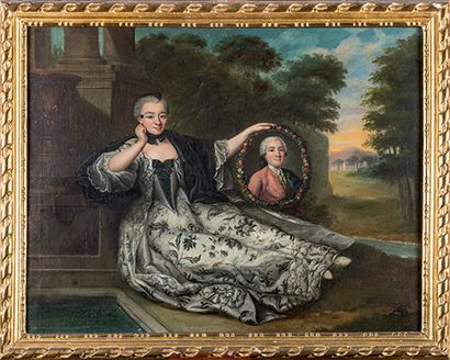École Française, c. 1760 
Femme dans un paysage présentant le portrait de son mari.
...