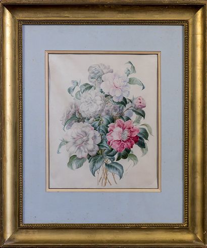 Augustine CHOUVEROUX, milieu XIXe siècle 
Bouquet de fleurs.
Gouache sur velin, signée...