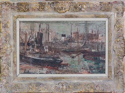 JACQUES THEVENET (1891-1989) 
Navire à quai.
 Huile sur isorel, signée en bas à droite....