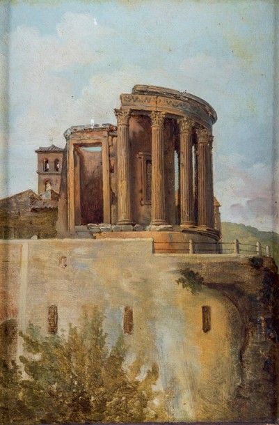École française, première moitié XIXe siècle 
Le temple de Vesta à Tivoli.
 Huile...