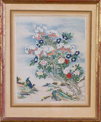 null Peinture sur soie, Japon, XIXe siècle, représentant un arbre en fleurs et un...
