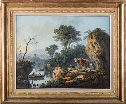 Jean-Baptiste PILLEMENT (Lyon, 1728-1808) 
Paysage avec des pêcheurs, un berger et...