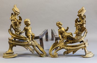 null Paire de chenets de style Louis XV, en bronze doré, modèle rocaille à décor...