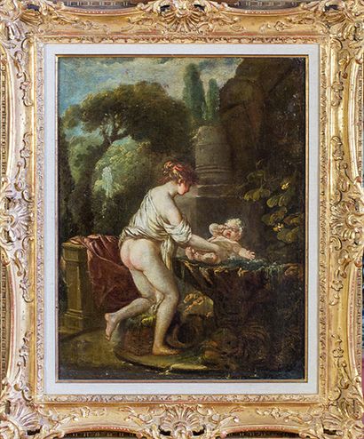École française, XVIIIe siècle Jeune femme en tenue légère baignant un bébé dans...