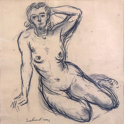 Emile Othon Friesz (1879-1949) 
Nu assis.
Fusain, signé en bas à gauche. 45 x 45...