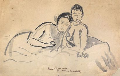 EMILE ANTOINE BOURDELLE (1861-1929) 
Pierre et sa mère. Circa 1905.
Lavis d'encre,...