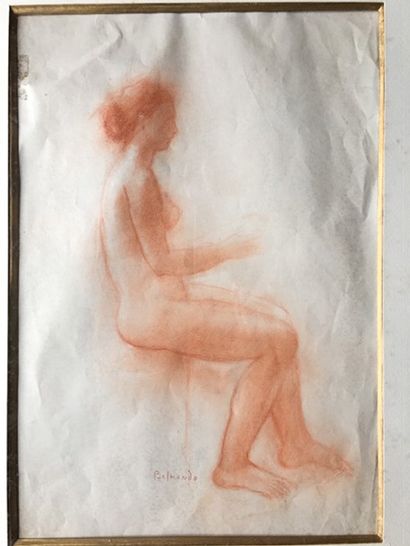 Paul BELMONDO (1898-1982) 
Jeune femme nue assise.
 Dessin à la sanguine, dans une...