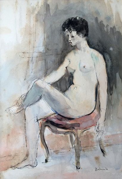 Paul BELMONDO (1898-1982) 
Jeune femme nue assise sur une chaise.
Aquarelle et plume,...