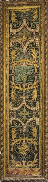 null Bandes d'orfroi, Espagne, fin XVIe siècle, sur un velours coupé, soie bleu nuit,...