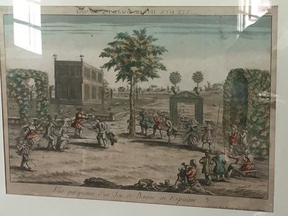 null Deux vues d'optique réhaussées, XVIIIe siècle:
Perspective d'un jeu de bagues...