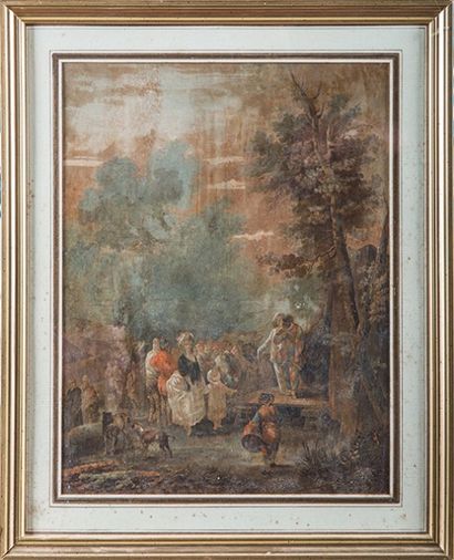 Philibert Louis DEBUCOURT (1755-1832), entourage de 
Saltimbanques devant un Public.
Aquarelle...