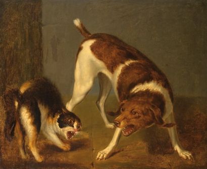 Ecole Française du XIXe siècle. «Chien et chat». Huile sur toile. Dim. 50 x 61 cm....