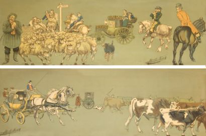 Albert FEUILLASTRE «Attelage et troupeau de moutons». «Attelage et troupeau de vaches»....