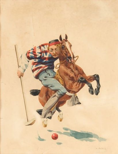 Charles de CONDAMY «Le joueur de polo». Aquarelle signée en bas à droite et encadrée....