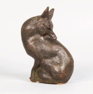 J.PAVIE. «Renard». Bronze à patine brune signé en creux. Haut. 18 cm. Fonte Vals...