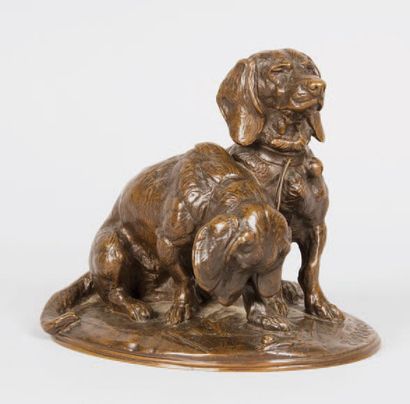 Emmanuel FREMIET. «Les deux bassets d'Artois et l'escargot». Bronze d'édition à patine...