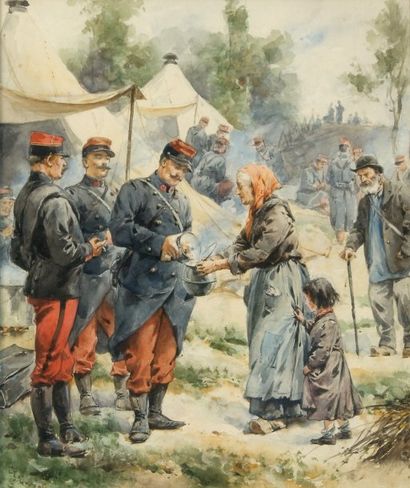 Ecole Française du XIXe siècle. Groupe de soldats offrant de la soupe à une famille...