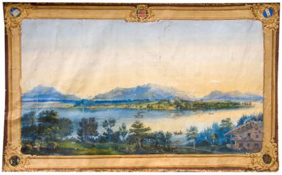 null Toile peinte, datée 1865, signé C.Dorné d'après Herni..(?). Panorama d'un lac...
