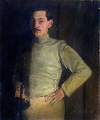 null Huile sur toile représentant Eugène Buhan 1876- 1955. Escrimeur de talent, il...