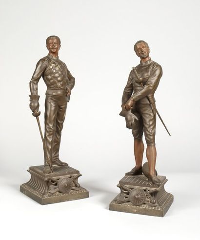 null Ensemble de 2 sculptures en régule patine bronze signées L. Raphaël. Hauteur...