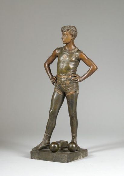 null Sculpture en régule ?'L'Haltérophile'' par Bouret. Hauteur 45 cm. Vers 1900
