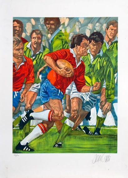 null Lithographie ?'Joueur de rugby'' par Arrigoni Neri. Signée et numérotée 163/200...