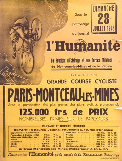 null Affiche ?'Paris - Montceau-Les-Mines'' du 28 Juillet 1946 illustrée par Pellos....