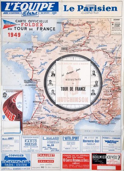 null Affiche de la carte officielle L'Equipe pour le Tour de France 1949 ayant vu...