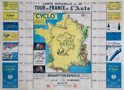 null Affiche ?'Carte officielle L'Auto'' du Tour de France 1936 remporté par Sylvère...