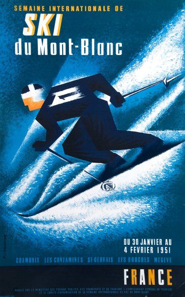 null Affiche panneau ?'Semaine de ski du Mont-blanc''. Février 1951. Illustration...