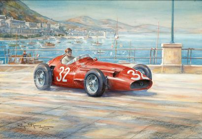 null Aquarelle ?'Victoire de Fangio au Grand Prix de Monaco'' sur Maserati. Signée...