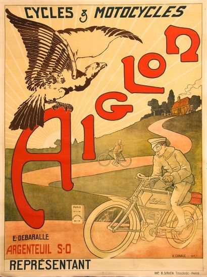 null Affiche ?'Cycles et motocycles Aiglon''. Signée V. Canal. 1904. Imprimerie B....