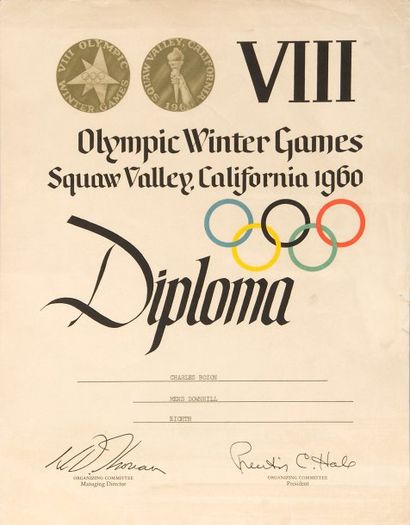 null 1960. Squaw Valley. Diplôme olympique attribué au skieur français Charles Bozon...
