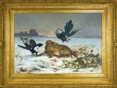 Gaston GELIBERT. «Lièvre attaqué par deux pies». Importante huile sur toile signée...