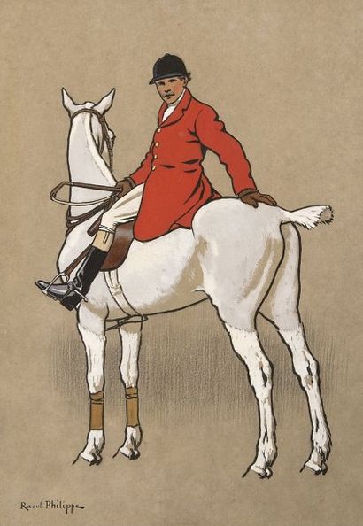 Raoul PHILIPPE. Veneur à cheval''. Pochoir encadré. Dim. 38x27,5 cm.