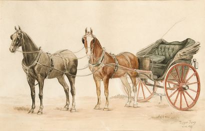 Roger ROUX. «Attelage à deux chevaux». Aquarelle sur papier signée et datée 1897...
