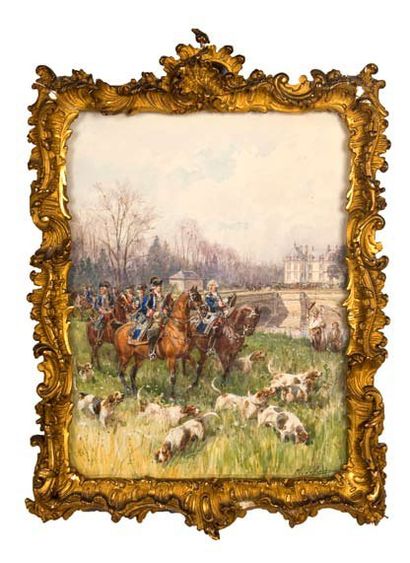 Olivier de PENNE. (Paris 1831-Marlotte 1897). Equipage en tenue Louis XV devant le...