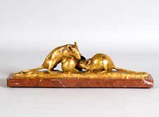 Georges GARDET. «Les deux souris et l'escargot». Bronze à patine dorée signé en creux...