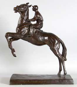 Thierry VAN RYSWYCK. «Jockey à cheval». Bronze à patine brune signé en creux sur...