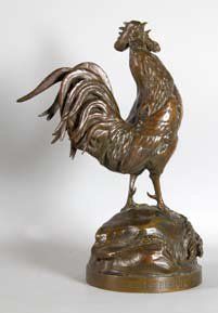Auguste CAIN. «Le réveil 1914». Très joli bronze à patine brune représentant un coq...
