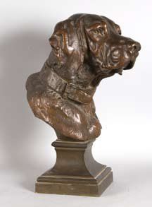 Prosper LECOURTIER. «Tête de chien de chasse au collier». Beau et rare bronze signé...