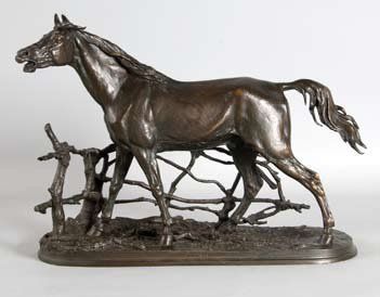 Pierre Jules MENE. ''Djinn, cheval à la barrière''. Bronze à patine brune nuancée...