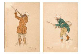 Harry ELIOTT. ''Le pêcheur'' et ''Le chasseur''. Paire d'aquarelles signées et encadrées....